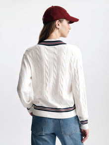 Women's Cable-Knit Varsity Sweater in White Alyssum - BROOKLYN INDUSTRIES