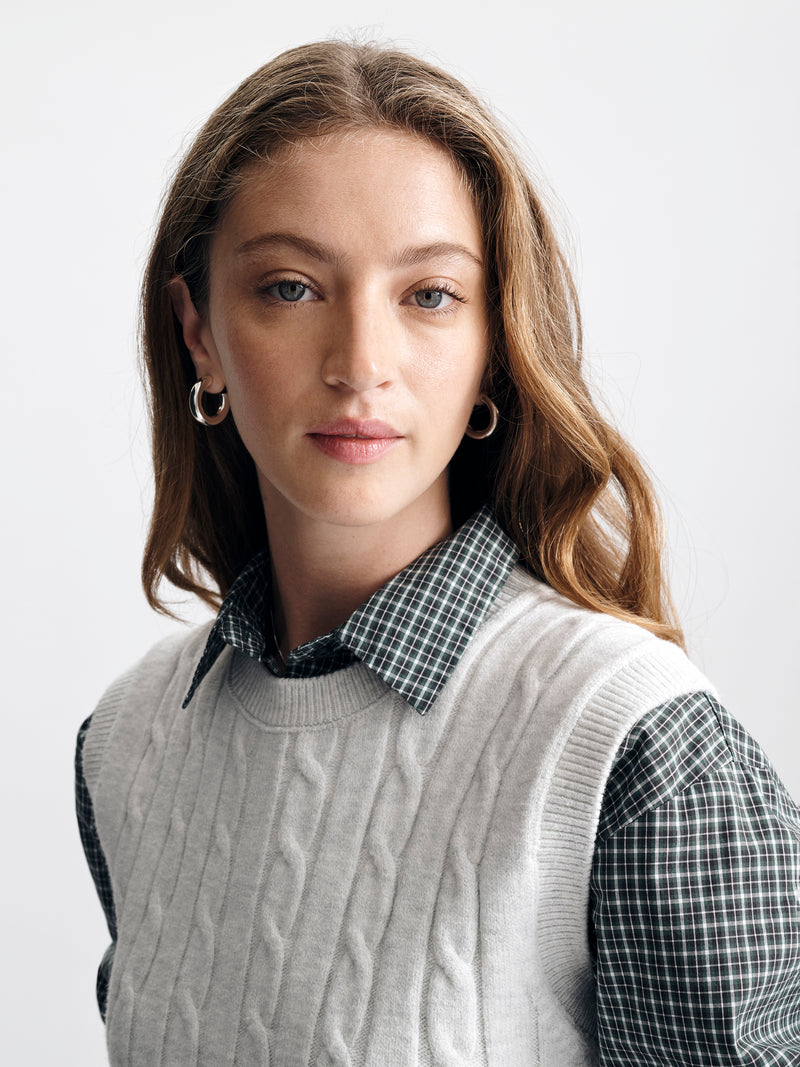 Women's Cable-Knit Varsity Sweater Vest in Light Grey Melange - BROOKLYN INDUSTRIES