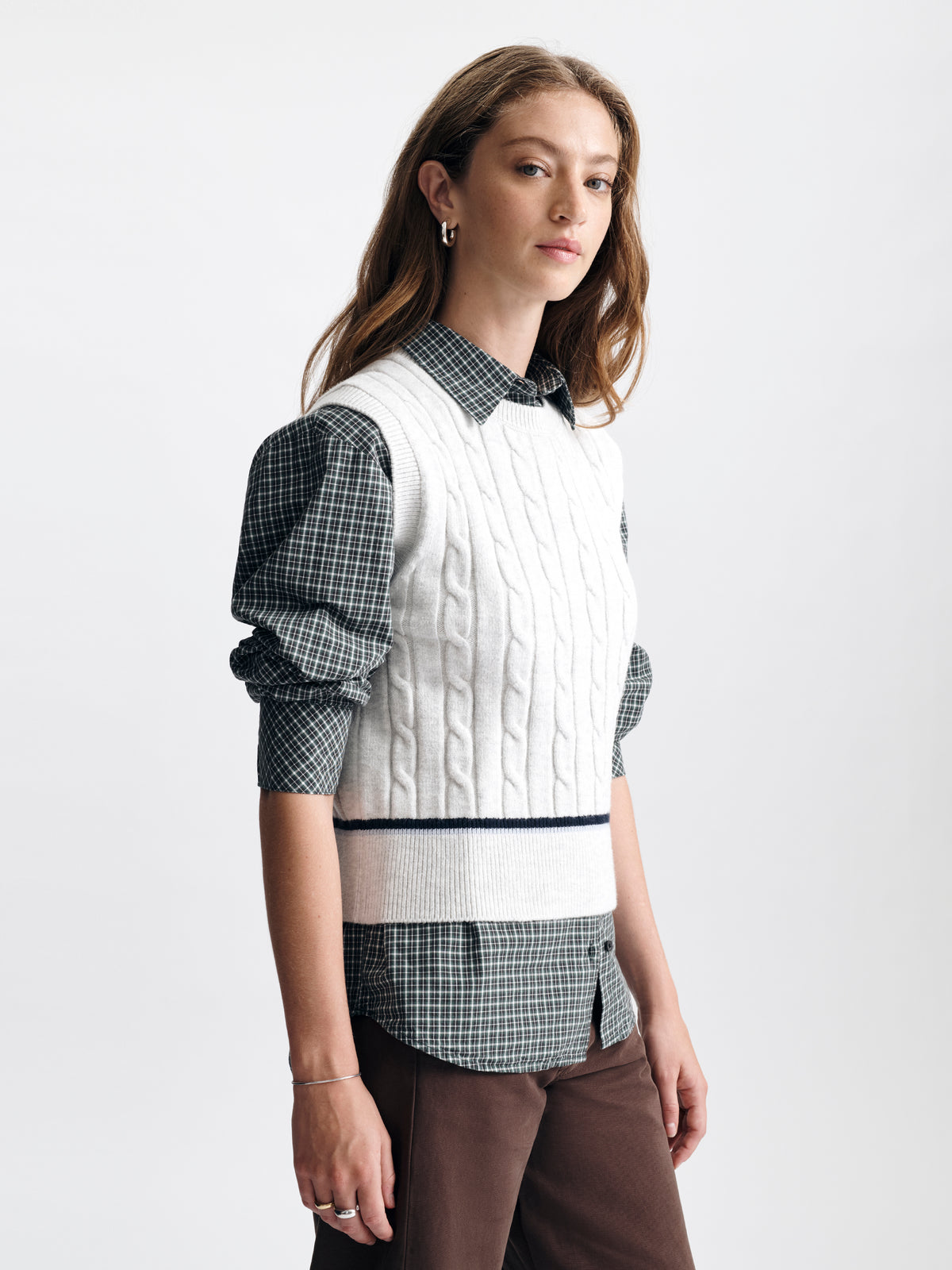 Women's Cable-Knit Varsity Sweater Vest in Light Grey Melange - BROOKLYN INDUSTRIES