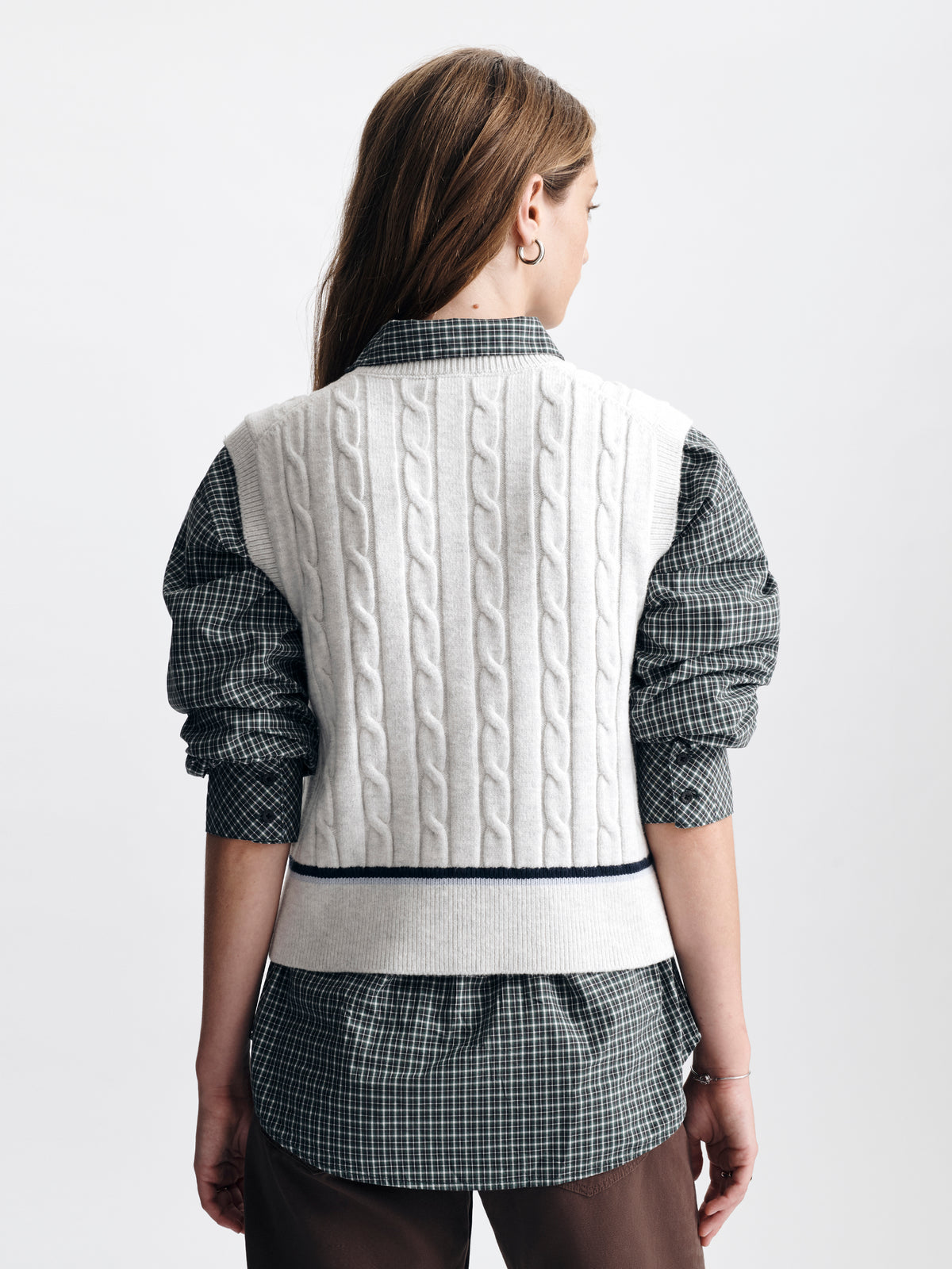 Women's Cable-Knit Varsity Sweater Vest in Light Grey Melange - BROOKLYN INDUSTRIES
