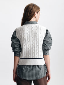 Women's Cable-Knit Varsity Sweater Vest in Light Grey Melange - BROOKLYN INDUSTRIES