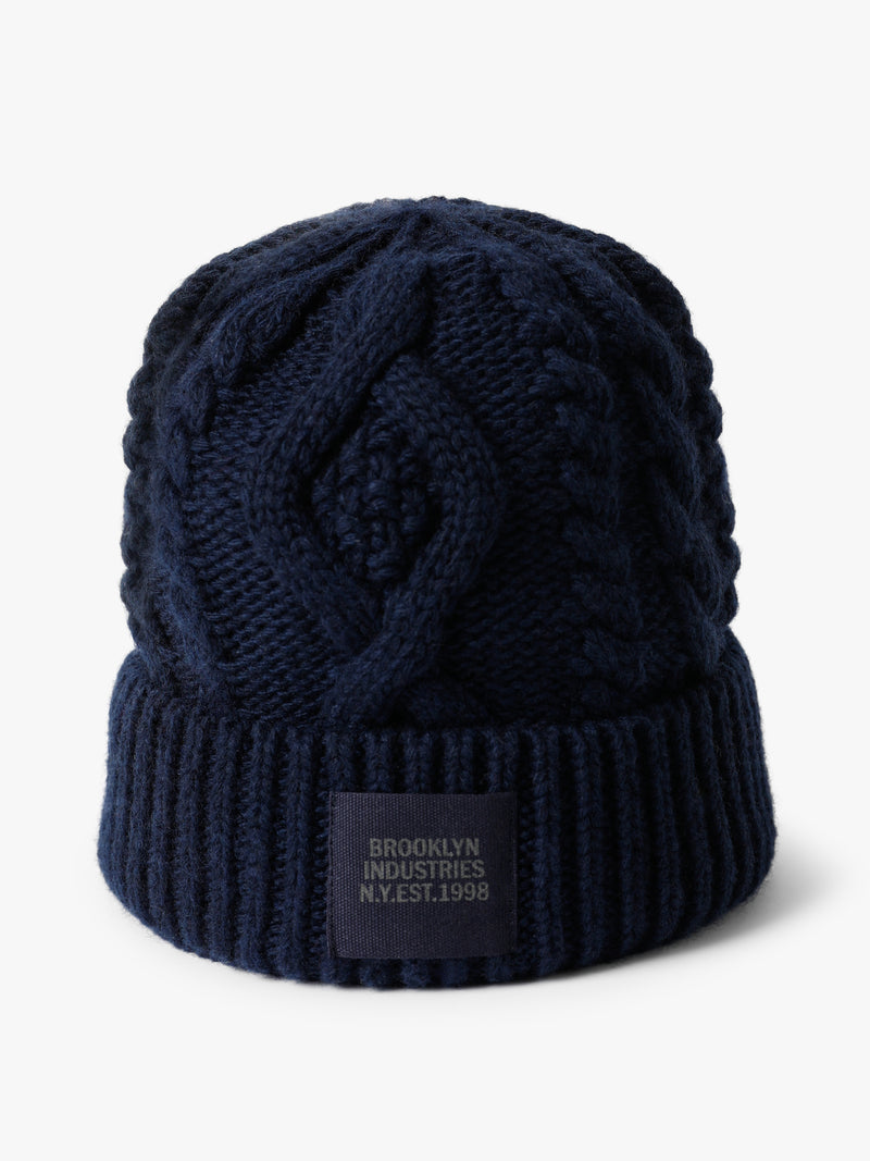 Cable-Knit Logo Beanie in Total Eclipse - BROOKLYN INDUSTRIES