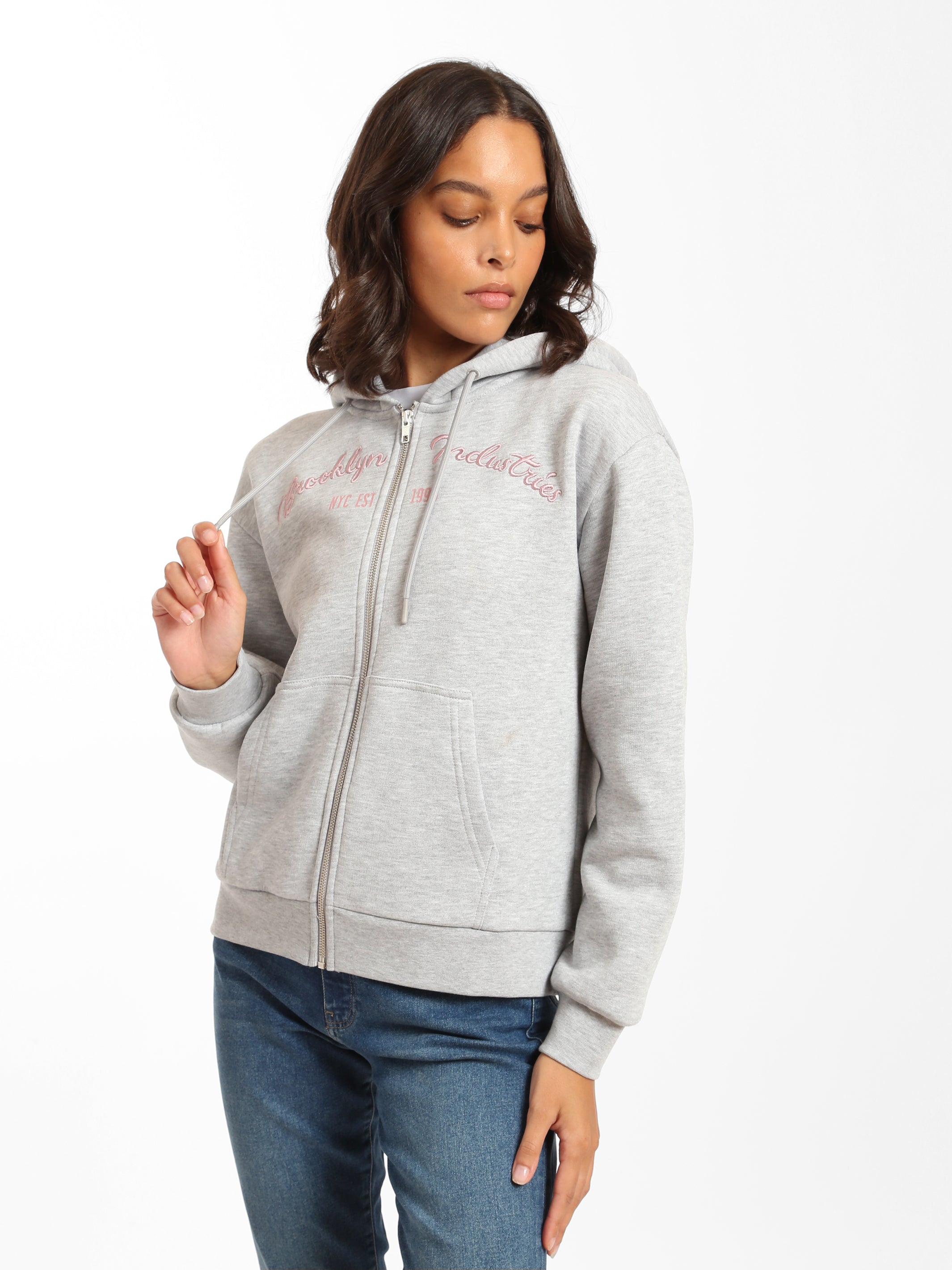 Women's BKI 1998 Zip Up Hoodie in Grey Melange - BROOKLYN INDUSTRIES