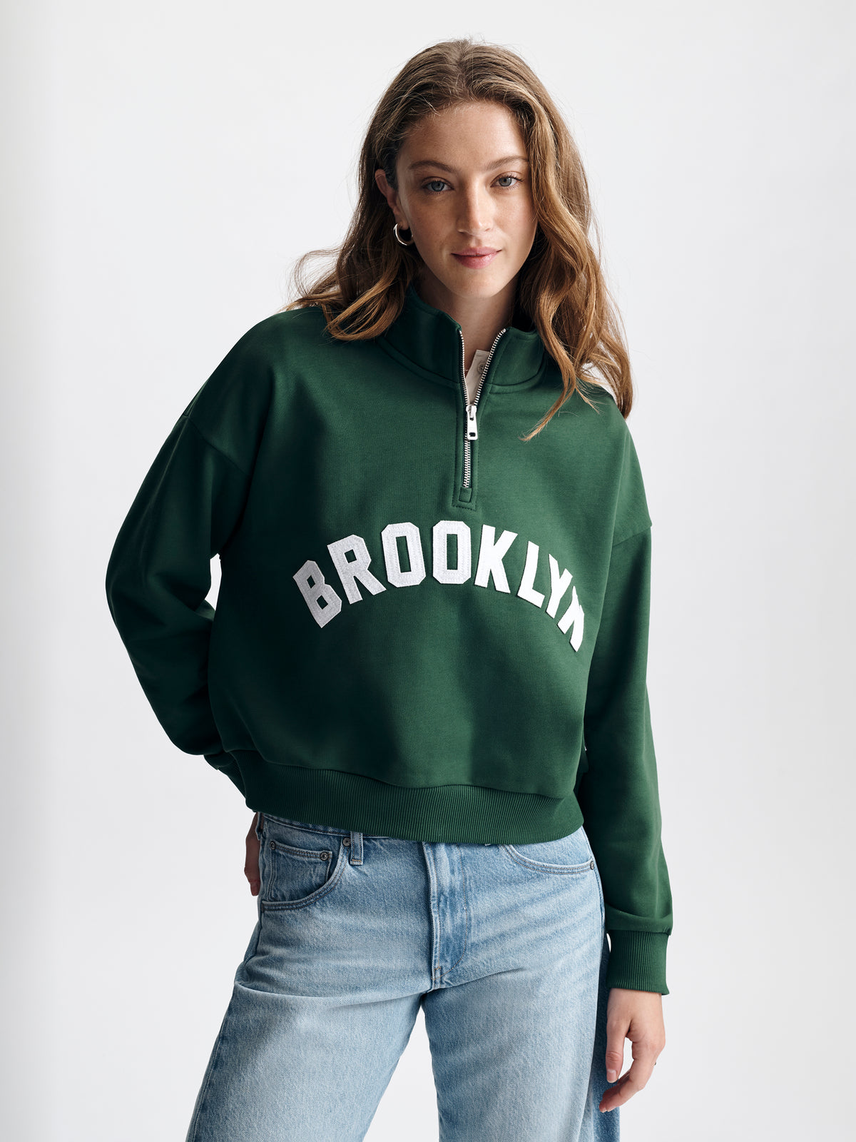 Women's Brooklyn Half Zip Sweatshirt in Hunter Green - BROOKLYN INDUSTRIES