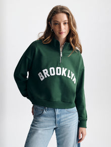 Women's Brooklyn Half Zip Sweatshirt in Hunter Green - BROOKLYN INDUSTRIES