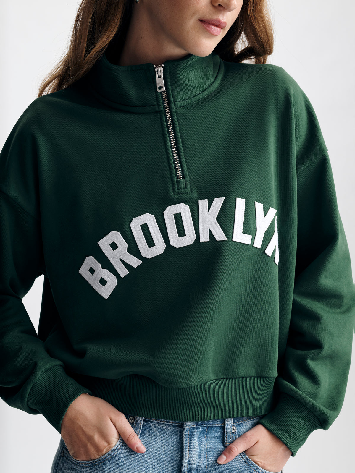 Women's Brooklyn Half Zip Sweatshirt in Hunter Green - BROOKLYN INDUSTRIES