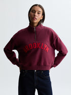 Women's Brooklyn Half Zip Sweatshirt in Maroon Banner - BROOKLYN INDUSTRIES