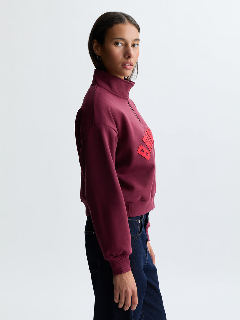 Women's Brooklyn Half Zip Sweatshirt in Maroon Banner - BROOKLYN INDUSTRIES