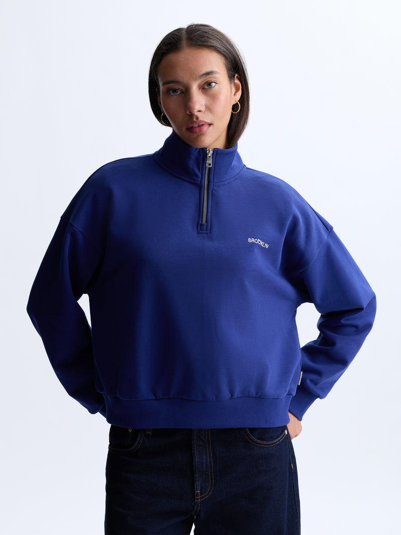 Women's Apple Tree Half Zip Sweatshirt in Blueprint - BROOKLYN INDUSTRIES