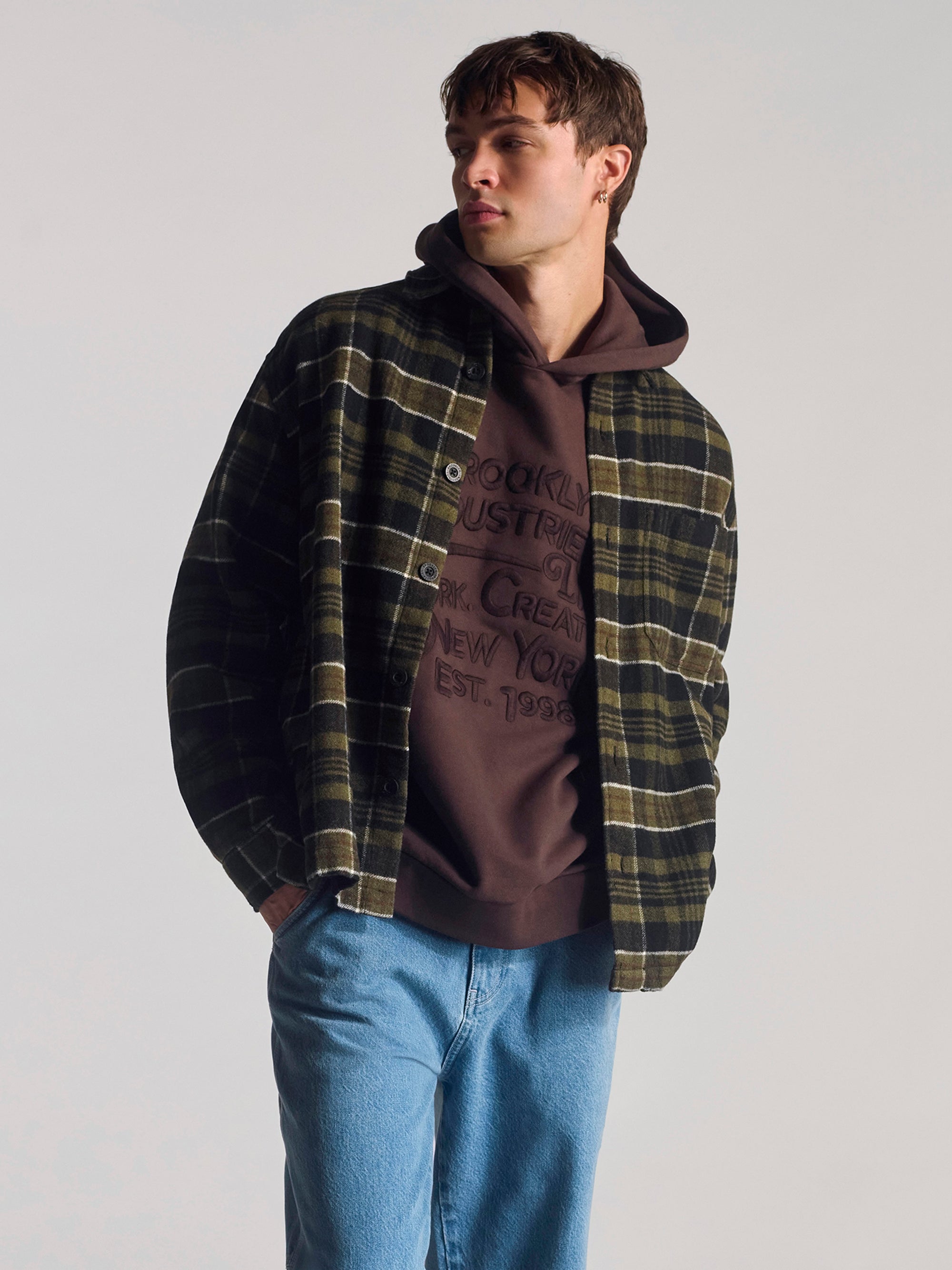 Men's Overshirt In Kombu Green Check - BROOKLYN INDUSTRIES