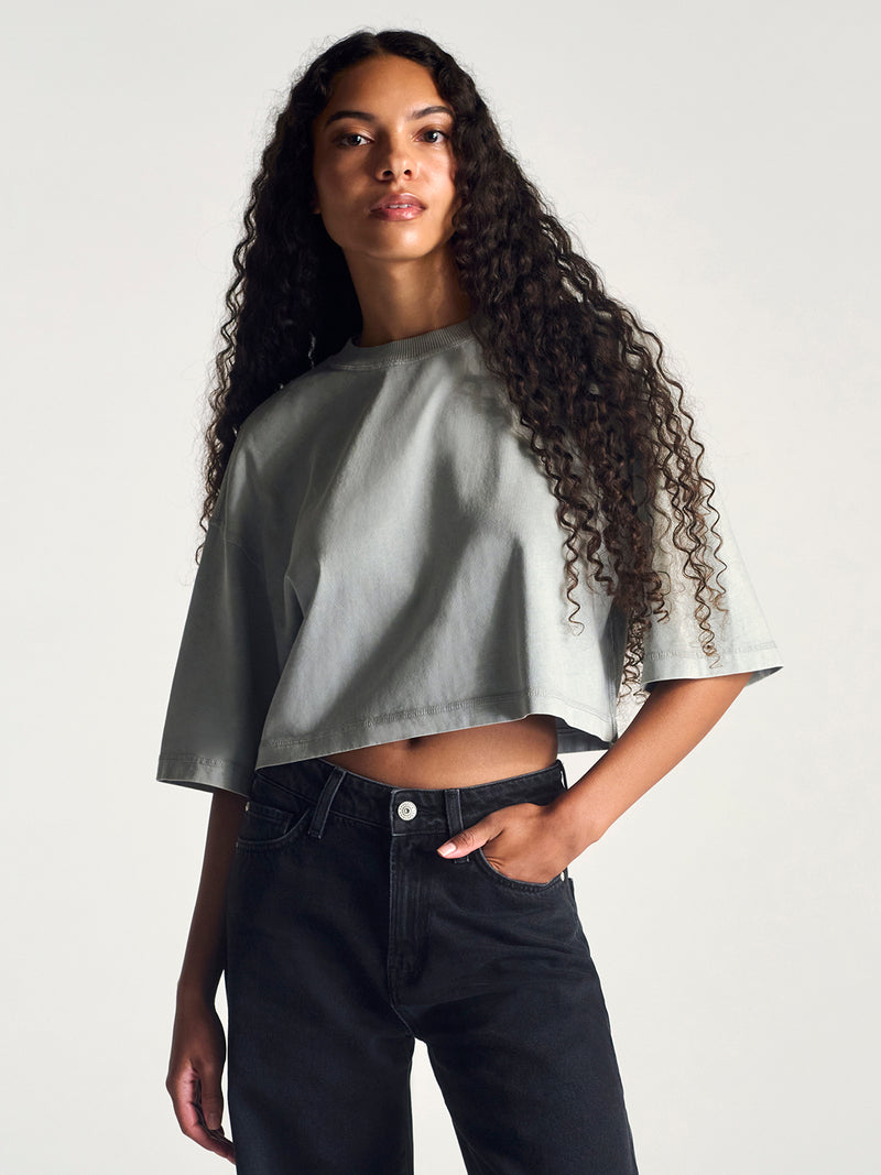 Women's York Oversized Cropped Tee In Fog - BROOKLYN INDUSTRIES