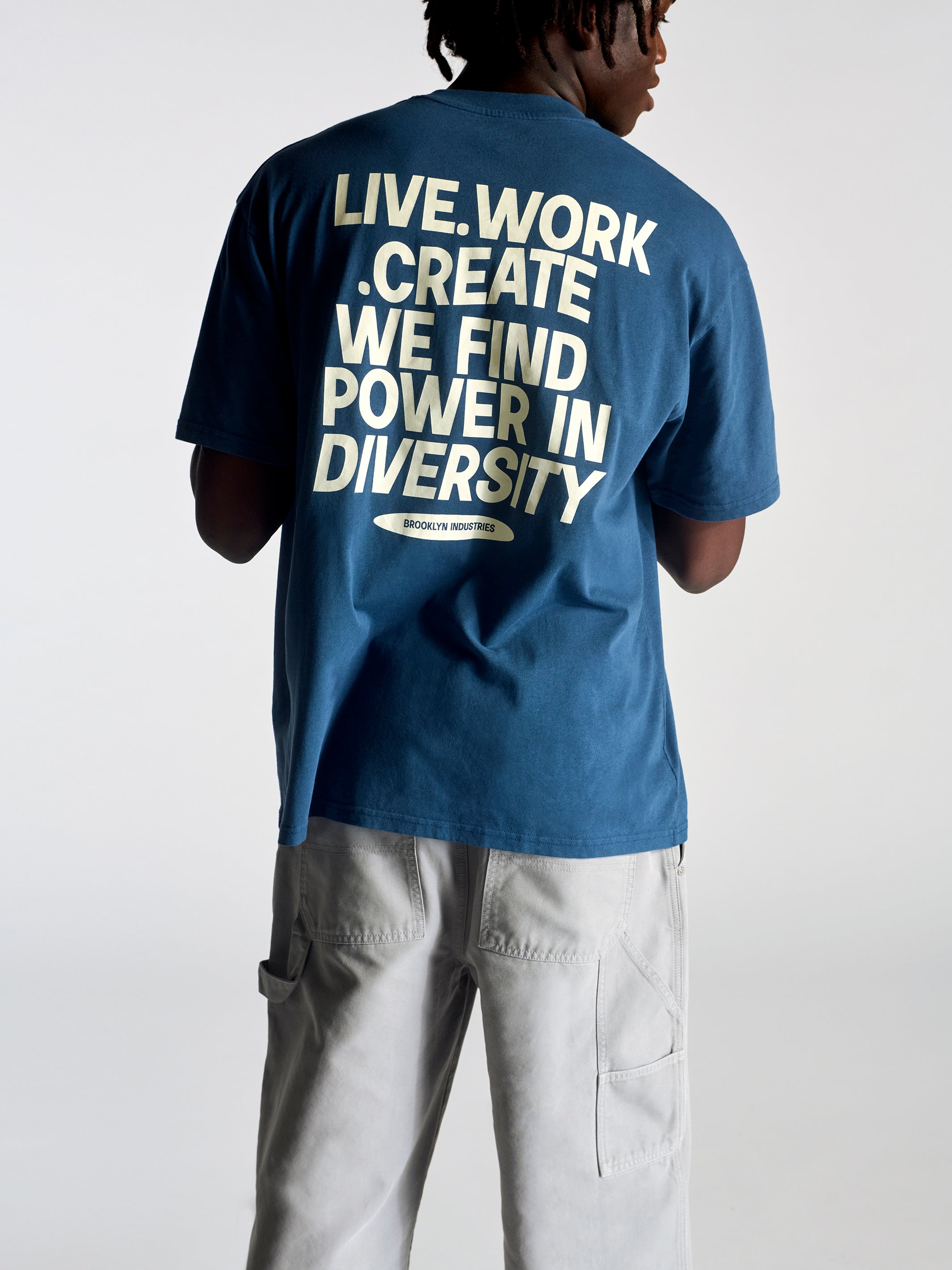 Men's Live Work Create T-Shirt In Dark Denim - BROOKLYN INDUSTRIES