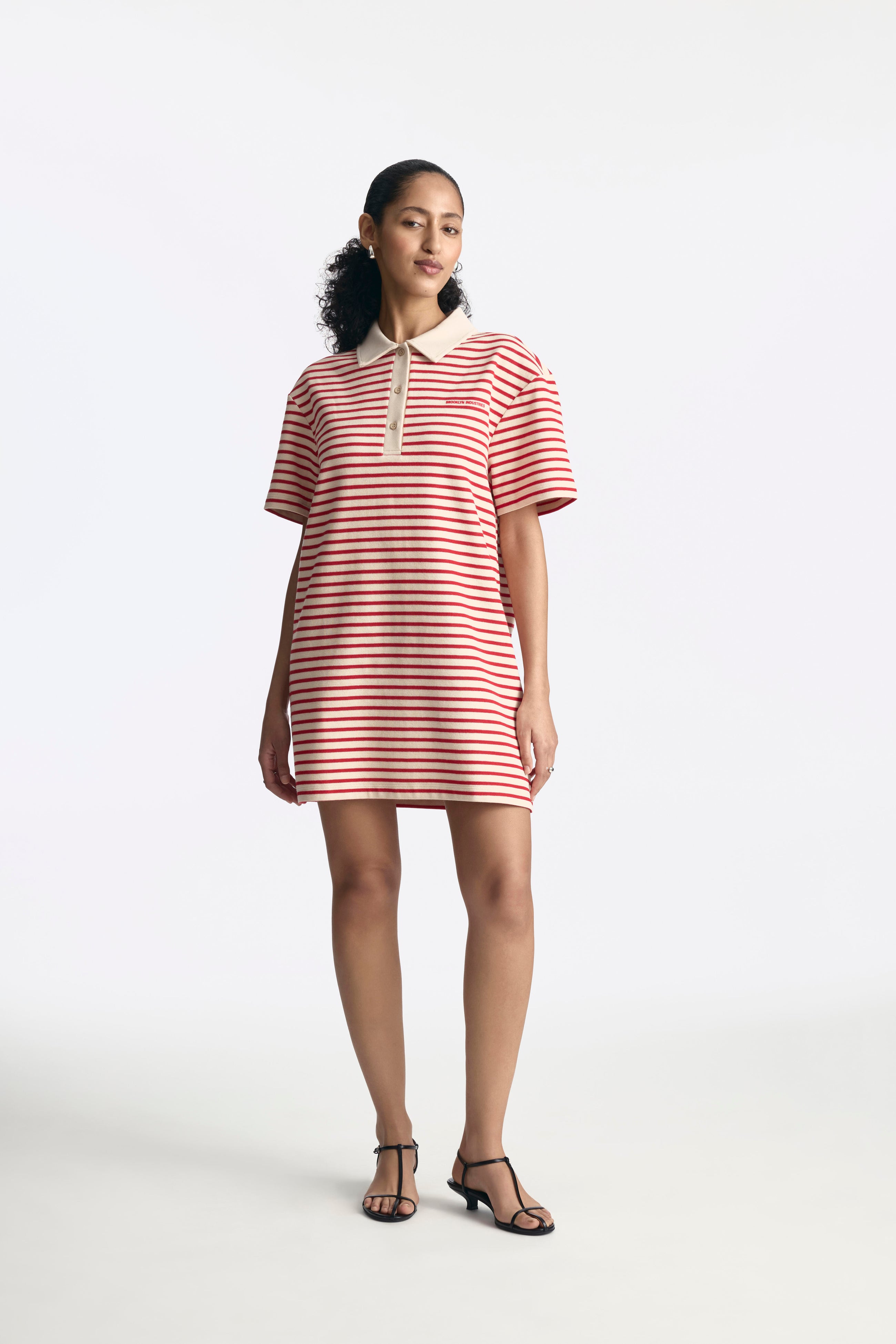 Women's Polo Striped Midi Dress in Goji Berry Stripe - BROOKLYN INDUSTRIES