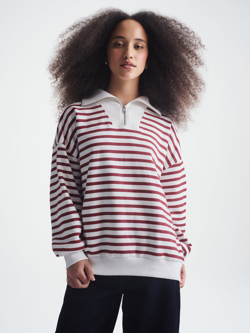 Women's Half Zip Striped Sweatshirt in Biking Red