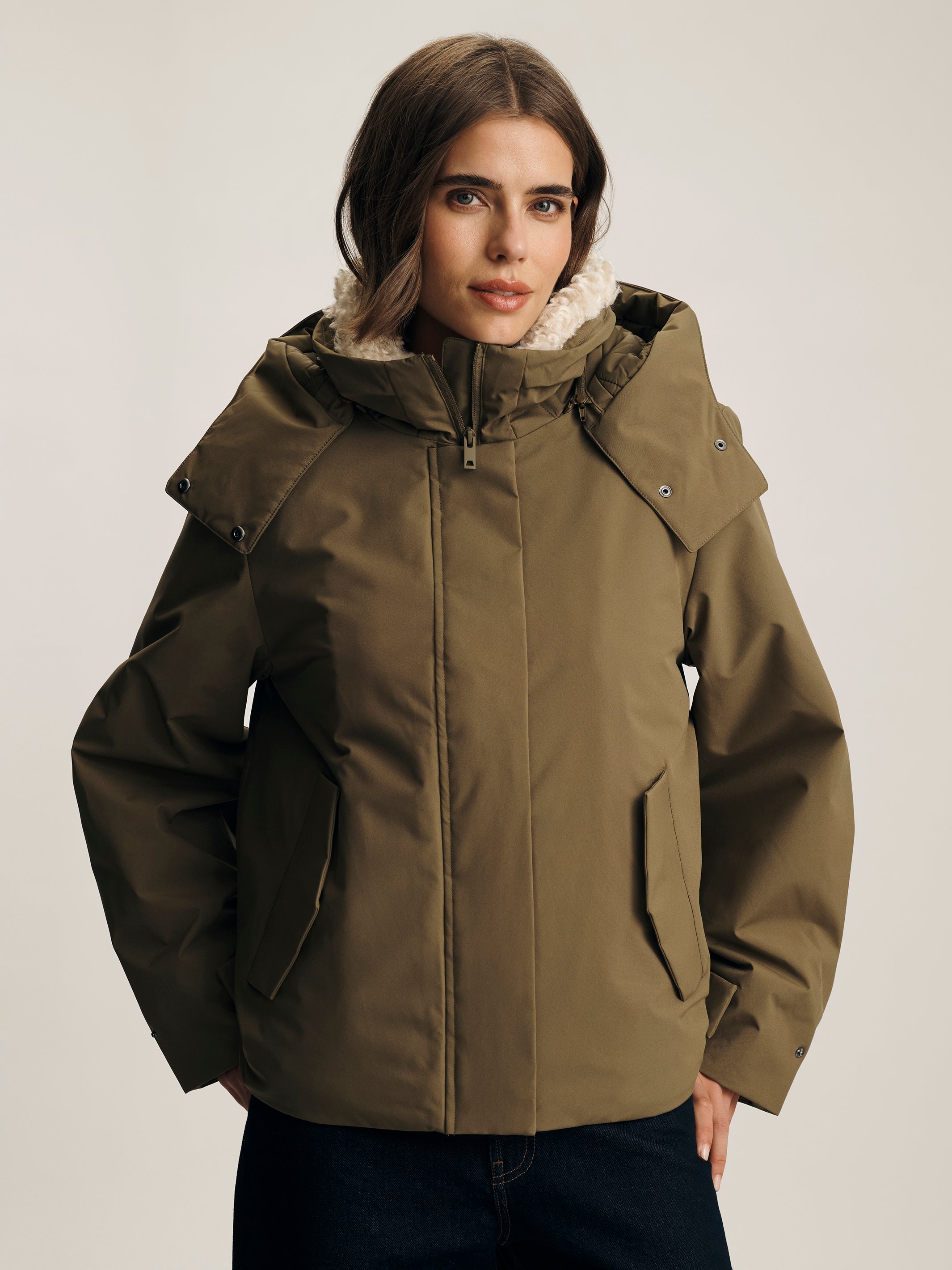 Women's Hooded Puffer Jacket in Dusky Green - BROOKLYN INDUSTRIES