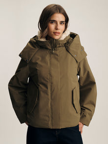 Women's Hooded Puffer Jacket in Dusky Green - BROOKLYN INDUSTRIES