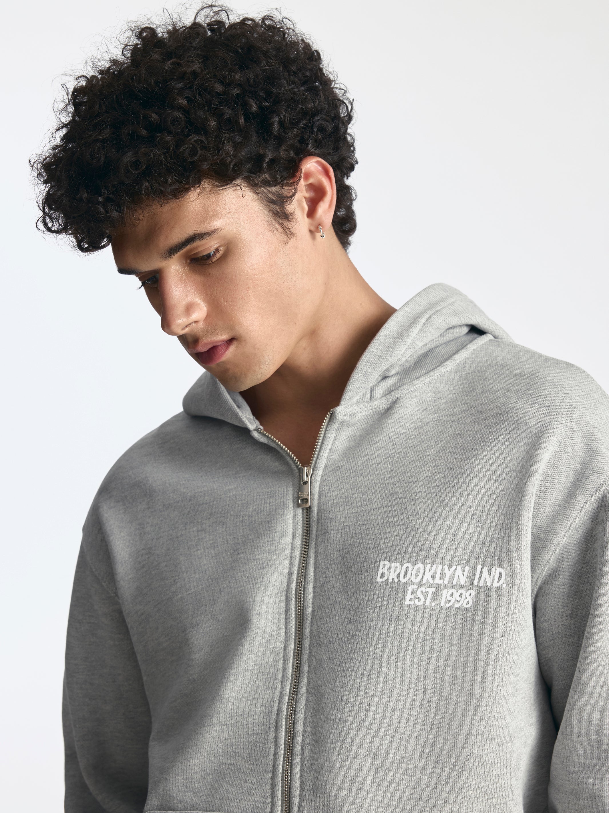 Men's Logo Zip-Up Hoodie in Light Grey Melange - BROOKLYN INDUSTRIES