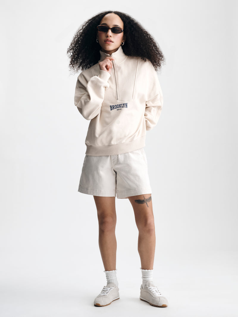 Women's Brooklyn Half Zip Sweatshirt in Sandshell - BROOKLYN INDUSTRIES