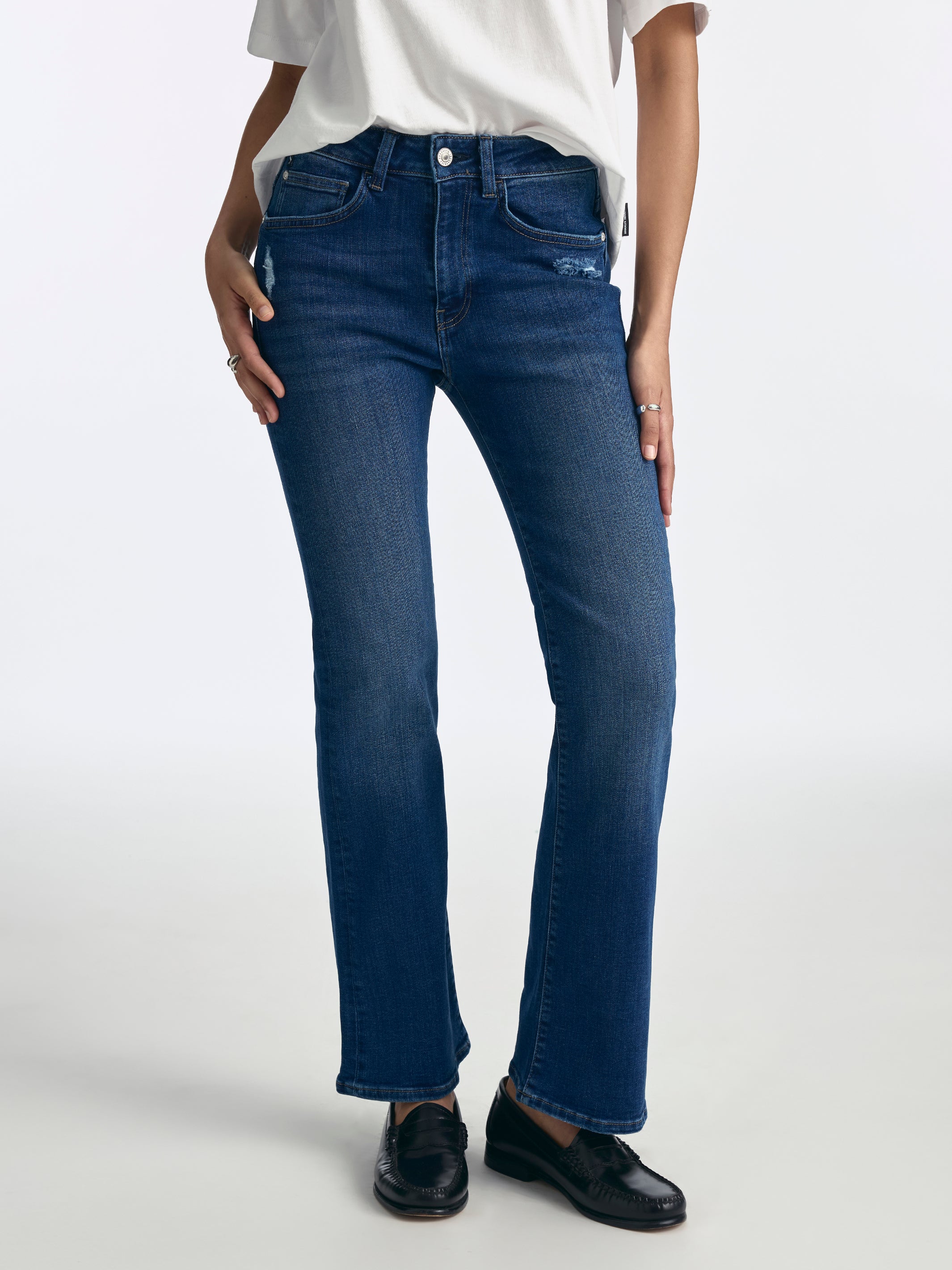 Metro Flare Jeans in Dark Distressed Denim - BROOKLYN INDUSTRIES