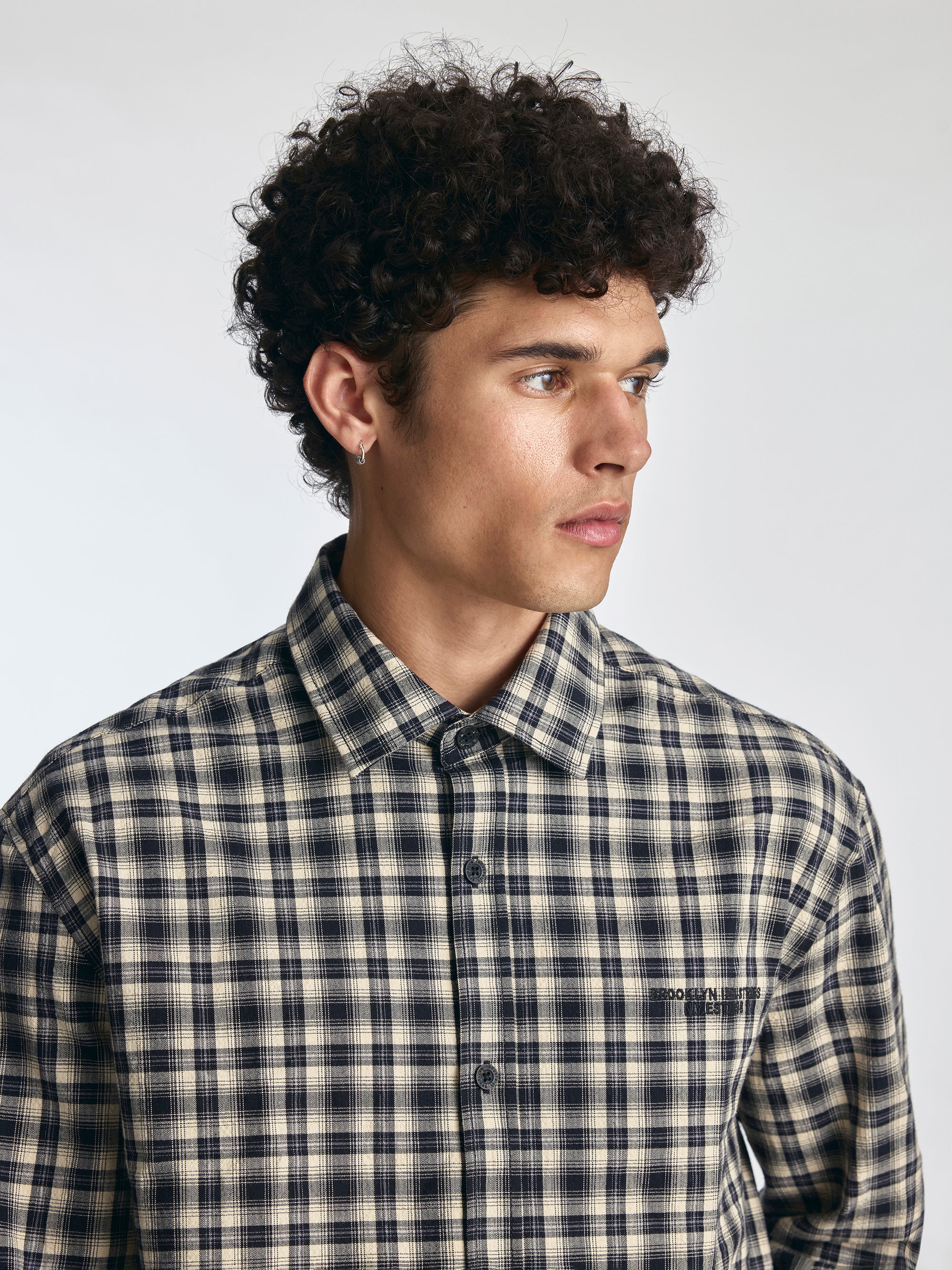 Men's Logo Long Sleeve Plaid Shirt in Black Check - BROOKLYN INDUSTRIES