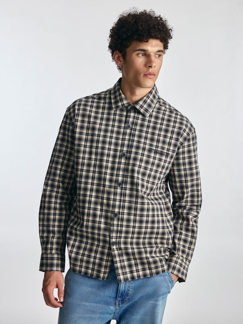 Men's Logo Long Sleeve Plaid Shirt in Black Check - BROOKLYN INDUSTRIES