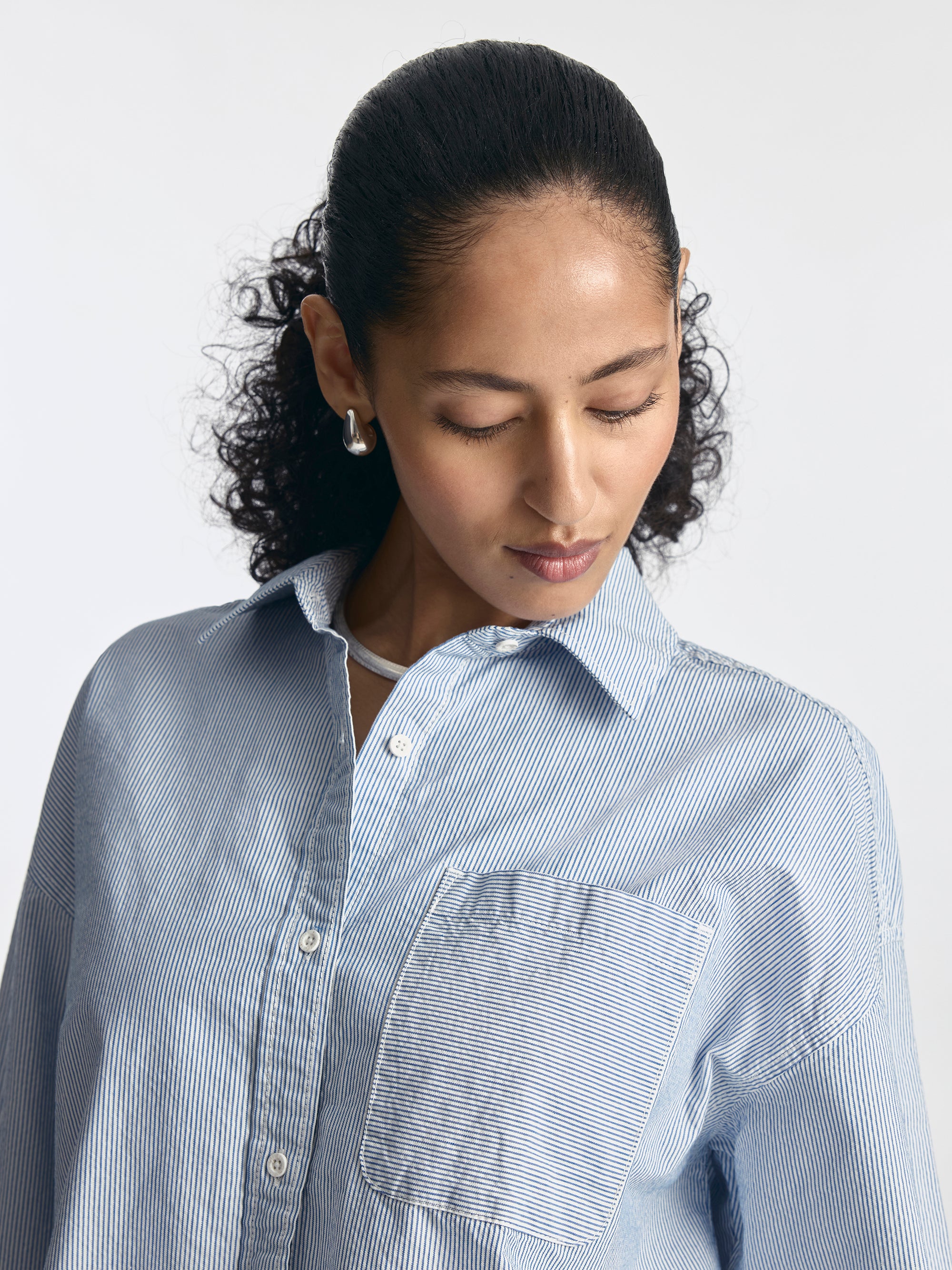 Women's Oversized Long Sleeve Striped Shirt in Blue - BROOKLYN INDUSTRIES