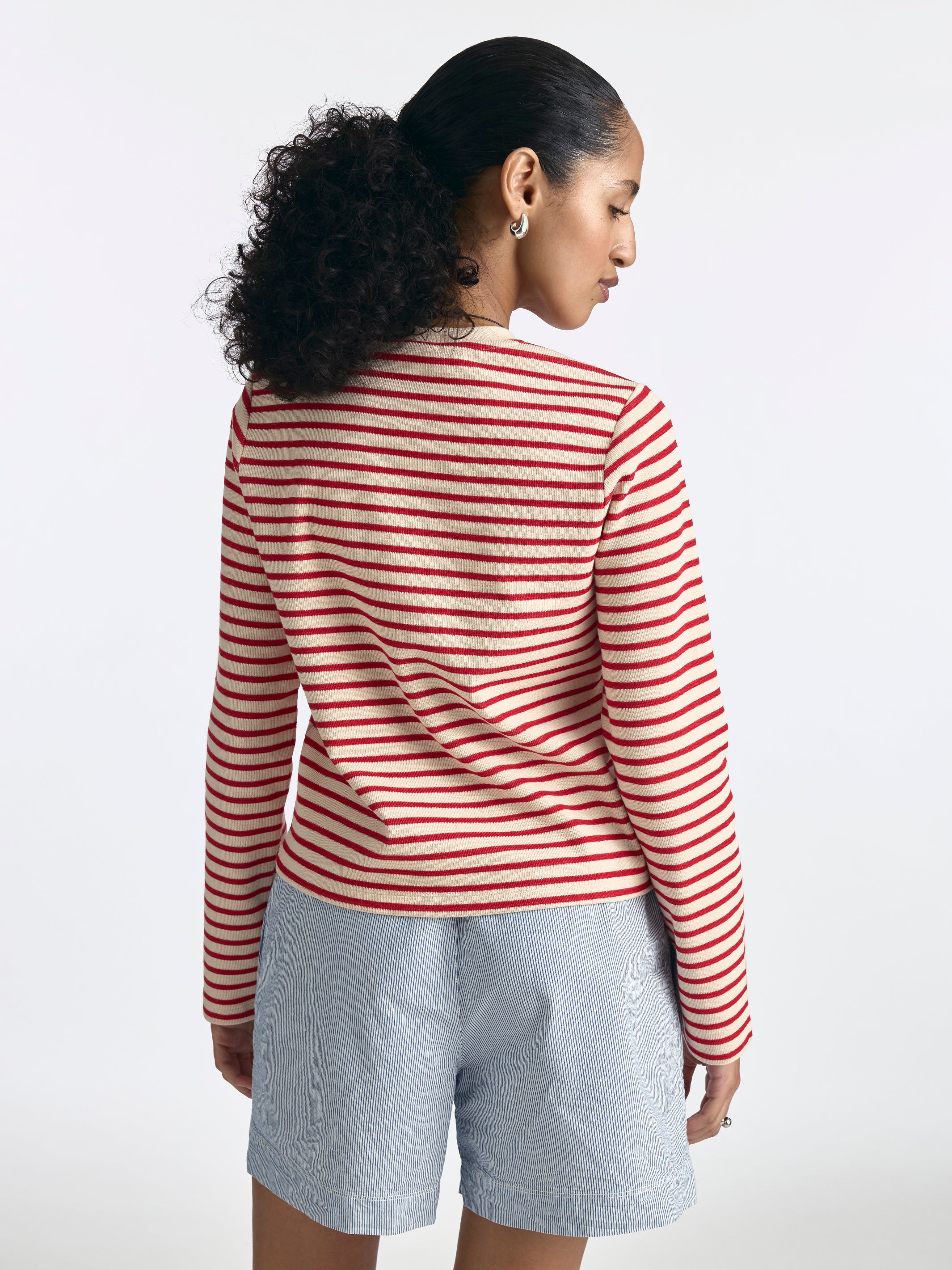 Women's Logo Long Sleeve Striped T-Shirt in Goji Berry Stripe - BROOKLYN INDUSTRIES