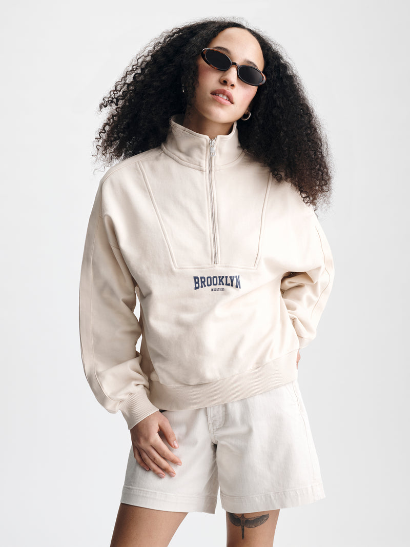 Women's Brooklyn Half Zip Sweatshirt in Sandshell - BROOKLYN INDUSTRIES