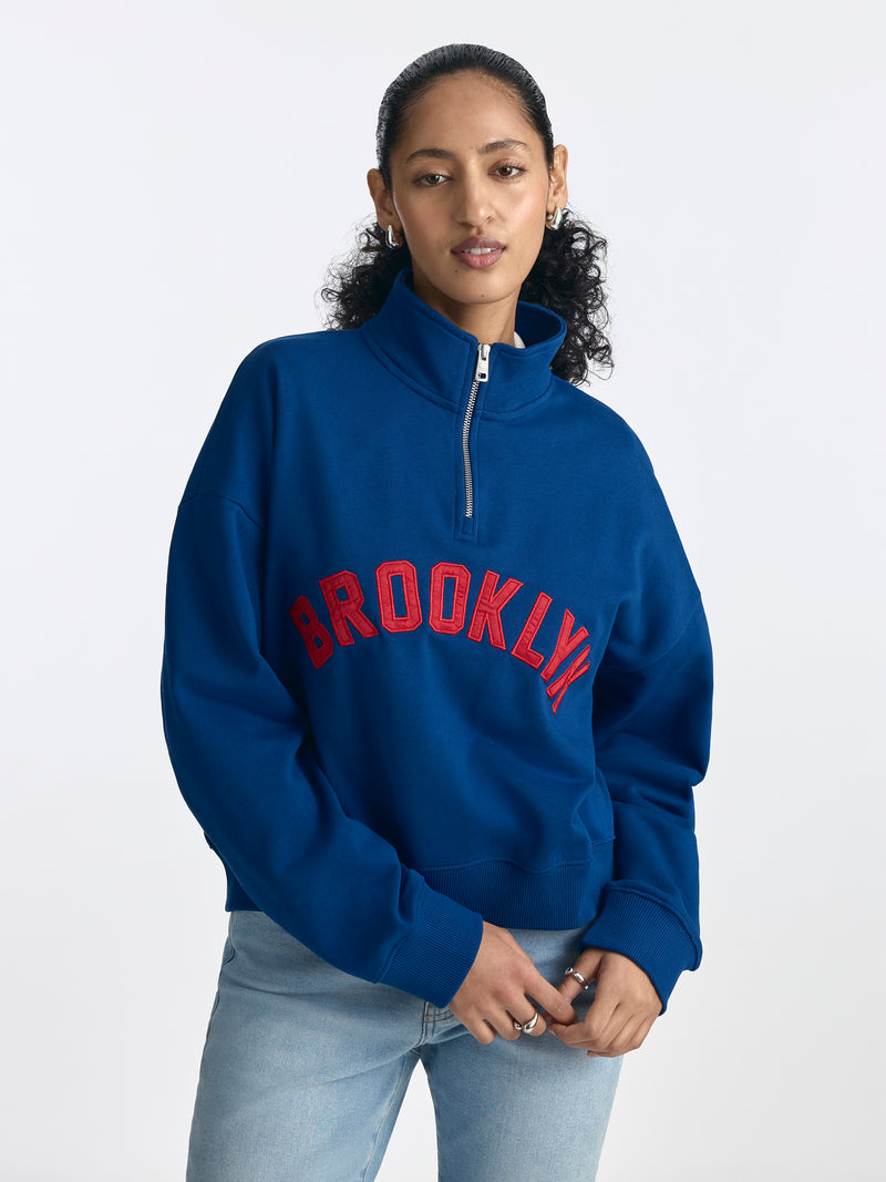 Women's Oversized Brooklyn Half Zip Sweatshirt in Navy Peony - BROOKLYN INDUSTRIES