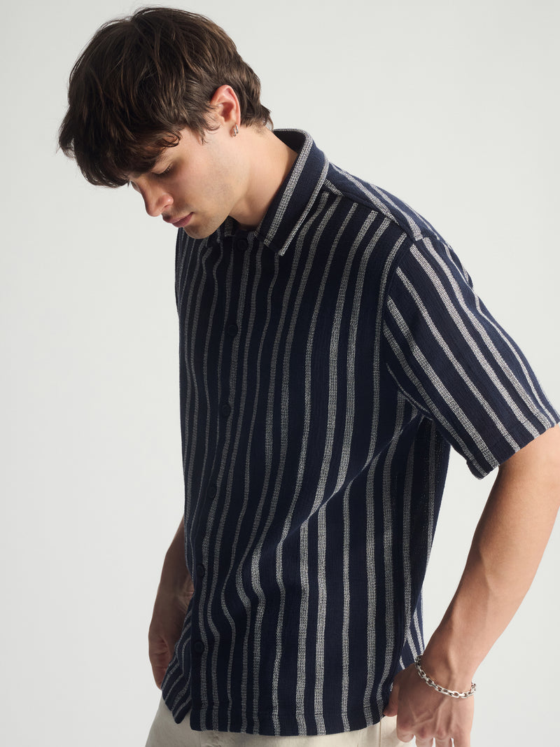 Men's Brooklyn Striped Short Sleeve Shirt In Total Eclipse - BROOKLYN INDUSTRIES