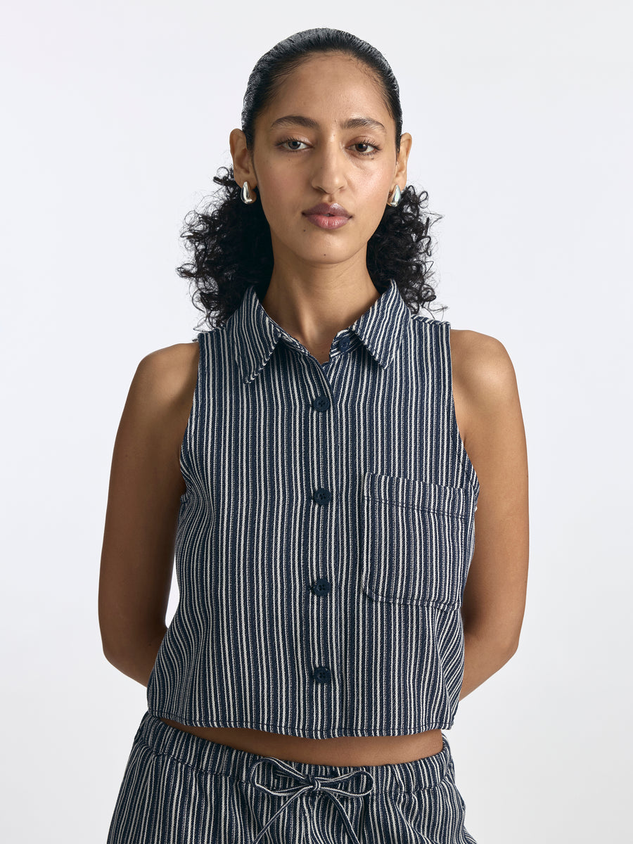 Women's Sleeveless Striped Shirt in Indigo Stripe - BROOKLYN INDUSTRIES