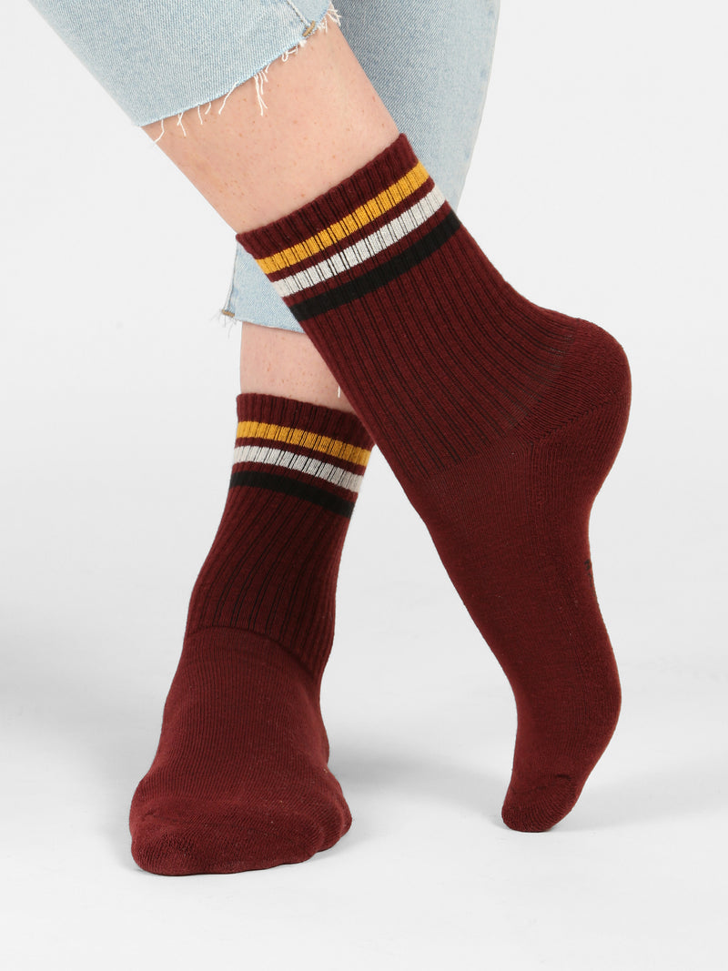 Women's Striped Socks in Red Mahogany - BROOKLYN INDUSTRIES