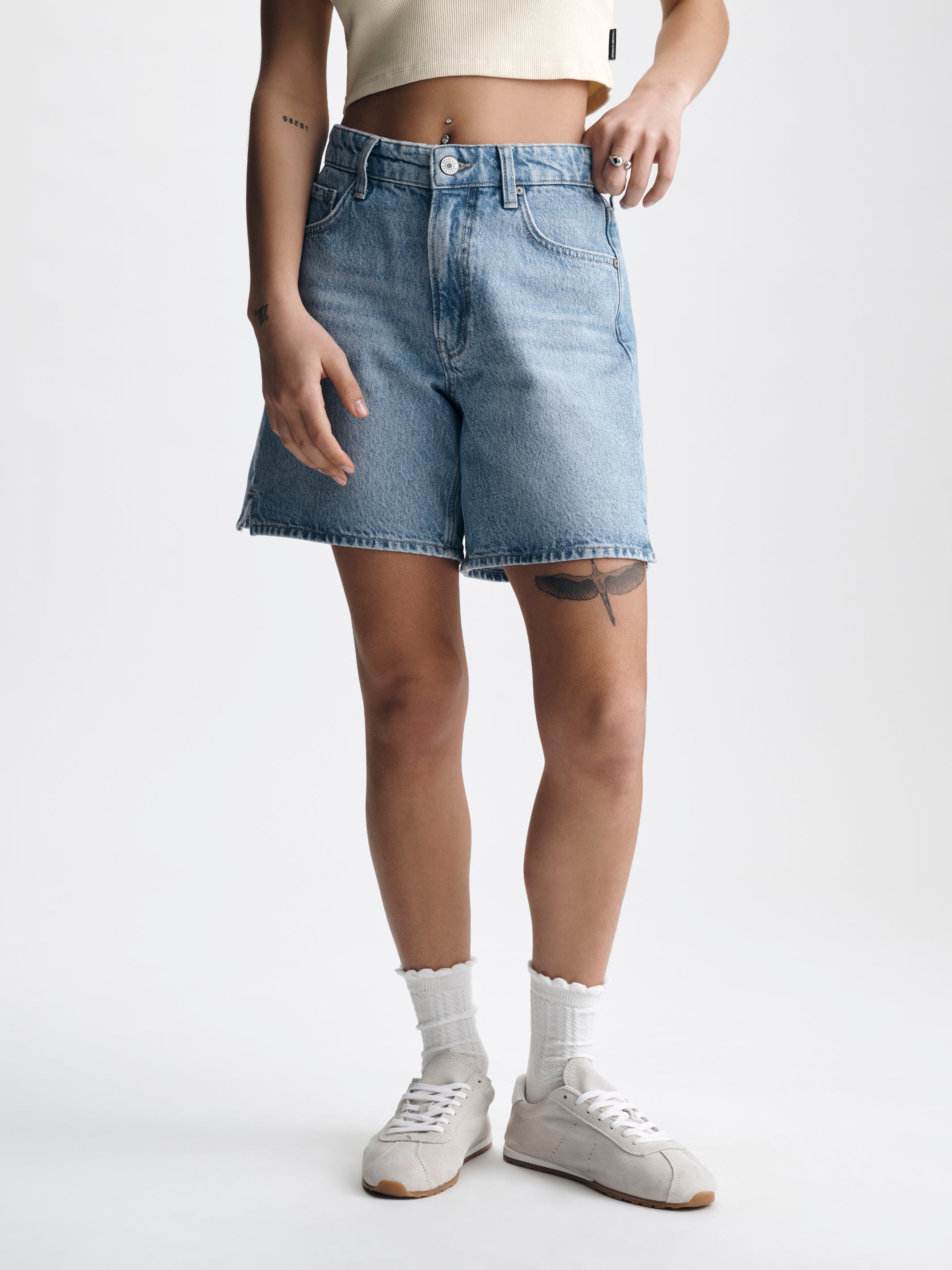 Women's Straight Leg Shorts in Bleached Everyday Denim - BROOKLYN INDUSTRIES