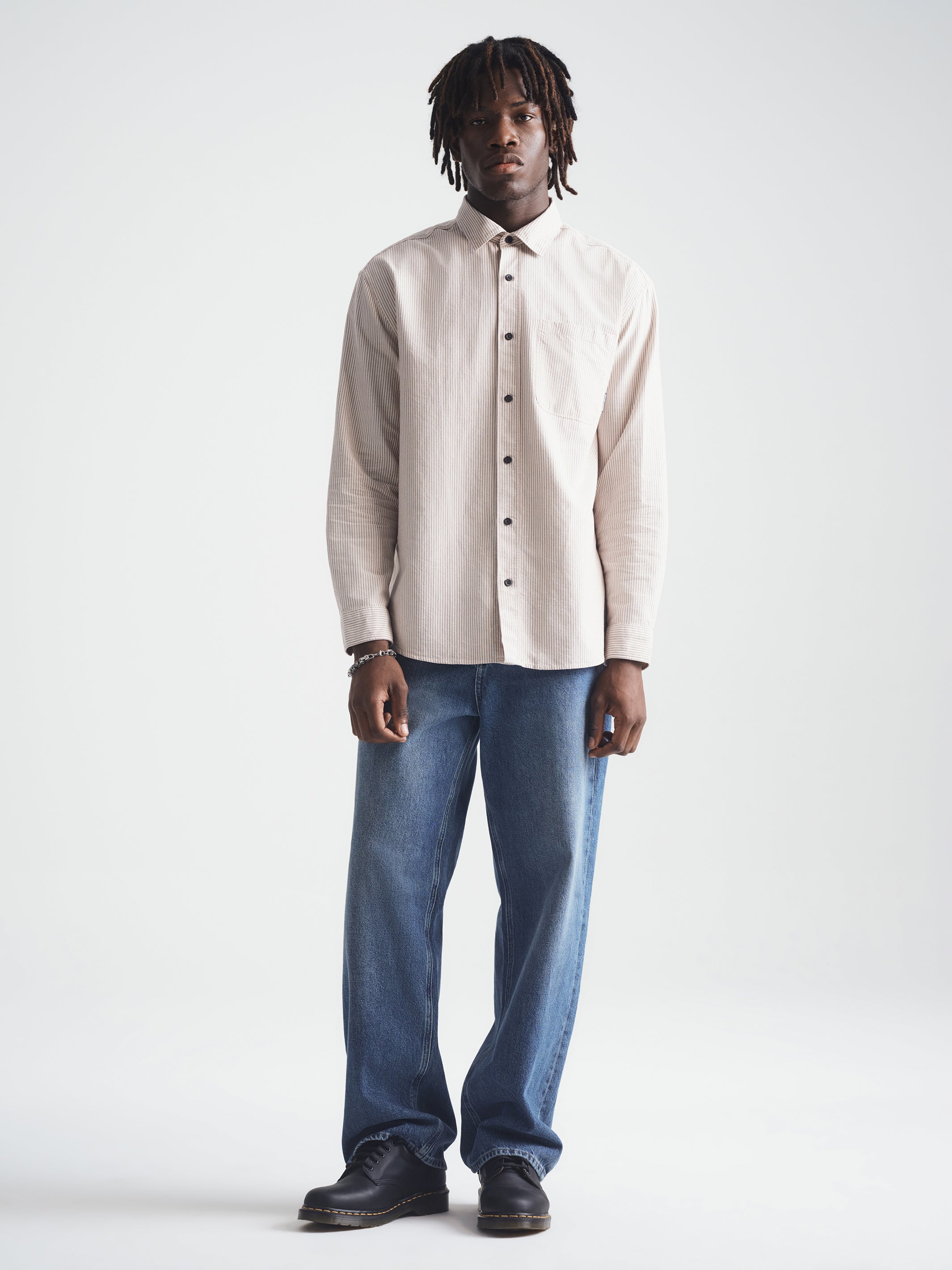 Men's Long Sleeve Striped Shirt in Burgundy Stripe - BROOKLYN INDUSTRIES