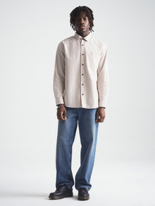 Men's Long Sleeve Striped Shirt in Burgundy Stripe - BROOKLYN INDUSTRIES