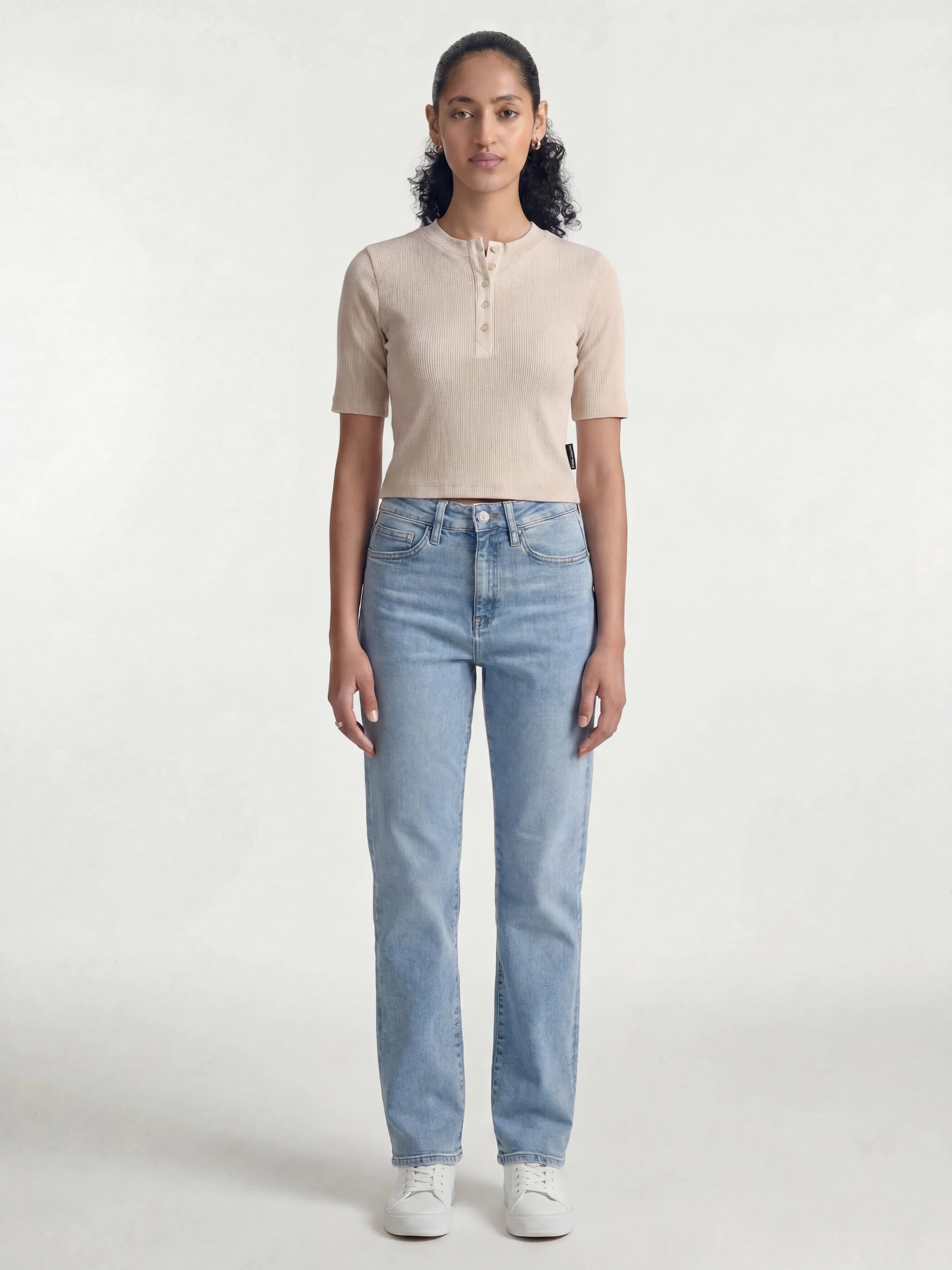 Women's Ribbed Henley T-Shirt in Sandshell - BROOKLYN INDUSTRIES