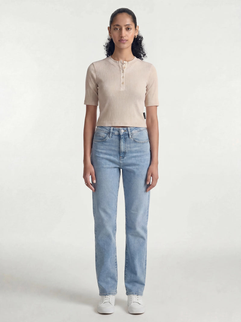 Women's Ribbed Henley T-Shirt in Sandshell - BROOKLYN INDUSTRIES