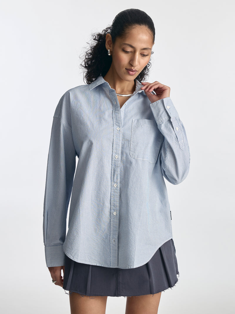 Women's Oversized Long Sleeve Striped Shirt in Blue - BROOKLYN INDUSTRIES