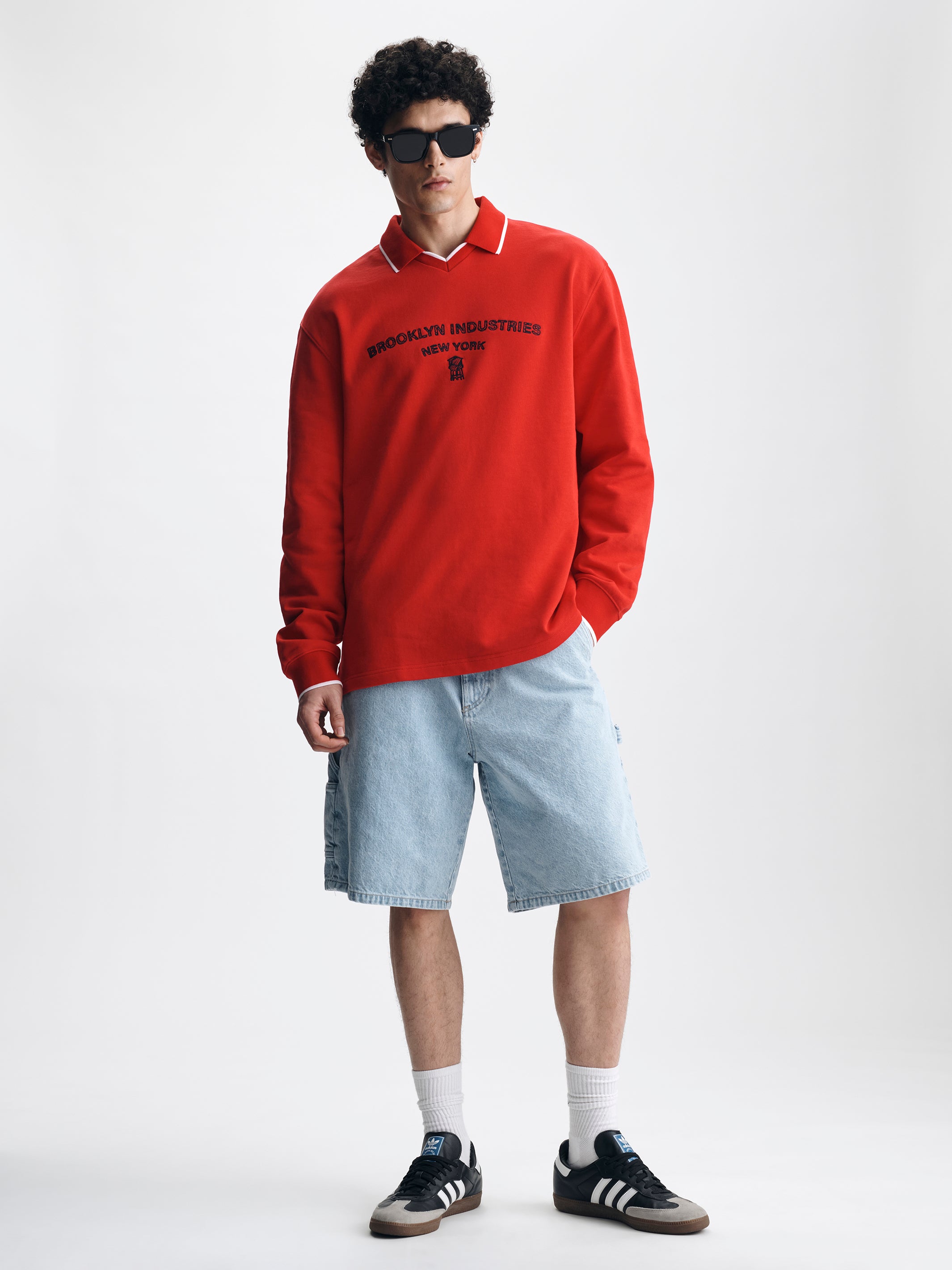 Men's Logo Varsity Polo Sweatshirt in Goji Berry - BROOKLYN INDUSTRIES