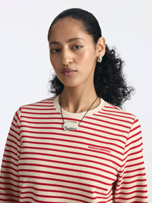 Women's Logo Long Sleeve Striped T-Shirt in Goji Berry Stripe - BROOKLYN INDUSTRIES