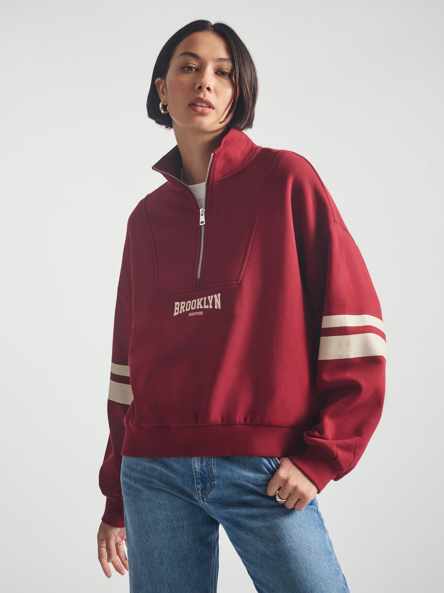 Women's Brooklyn Half Zip Varsity Sweatshirt in Biking Red - BROOKLYN INDUSTRIES