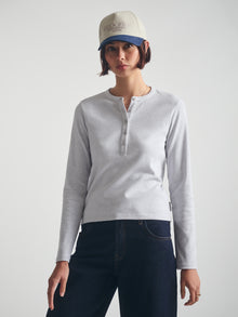 Women's Cropped Henley T-Shirt in Light Grey Melange