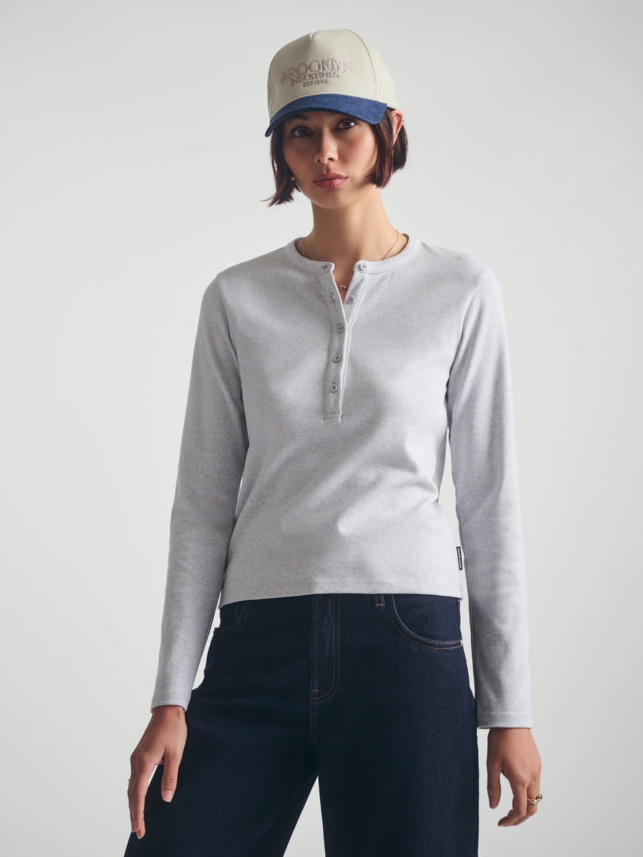 Women's Cropped Henley T-Shirt in Light Grey Melange - BROOKLYN INDUSTRIES