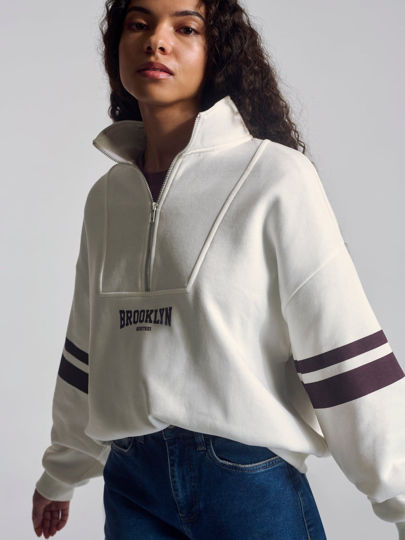 Women's Brooklyn Half Zip Sweatshirt In Antique White - BROOKLYN INDUSTRIES