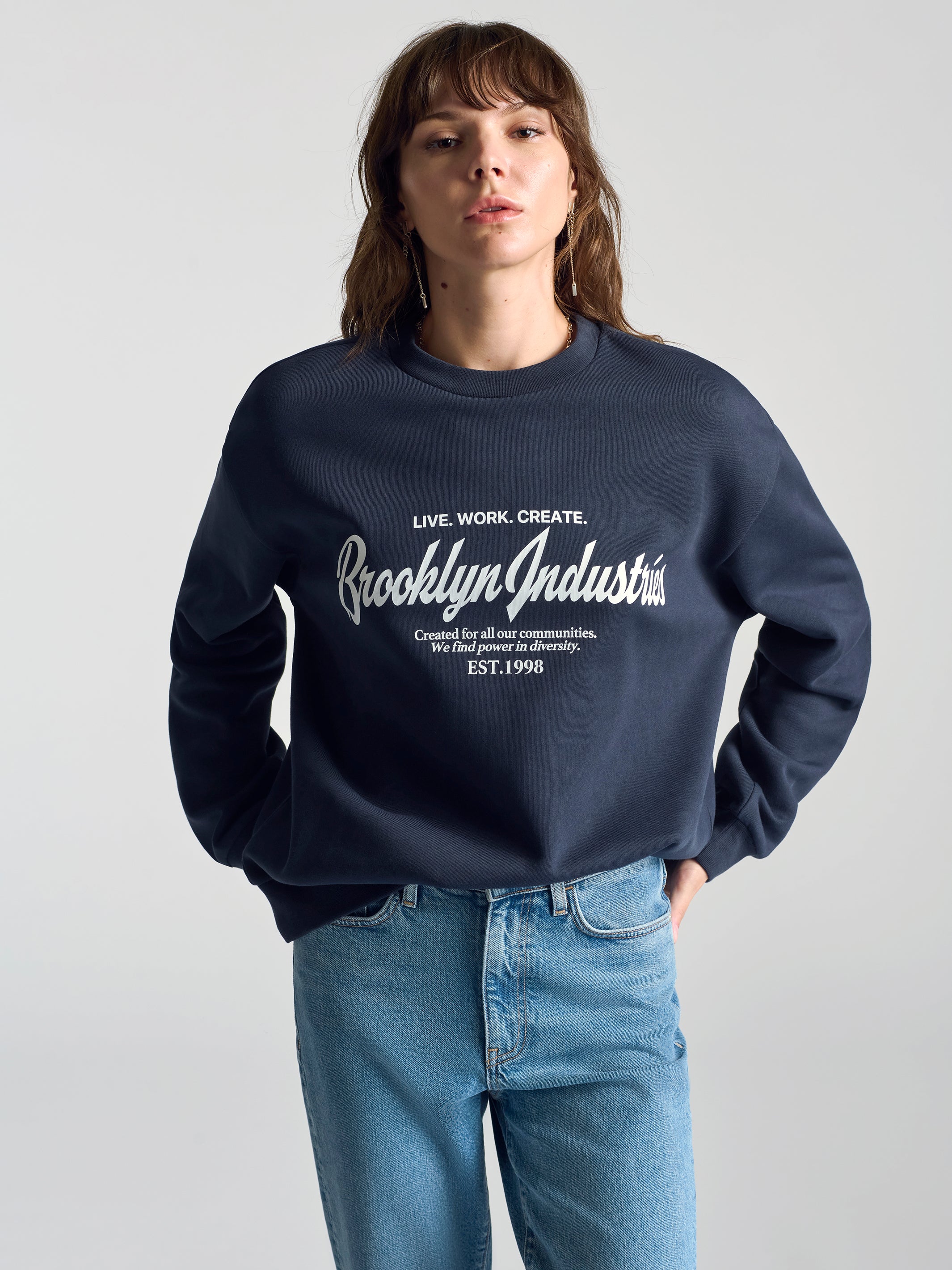 Women's BKI 1998 Crew Neck Sweatshirt In Total Eclipse - BROOKLYN INDUSTRIES