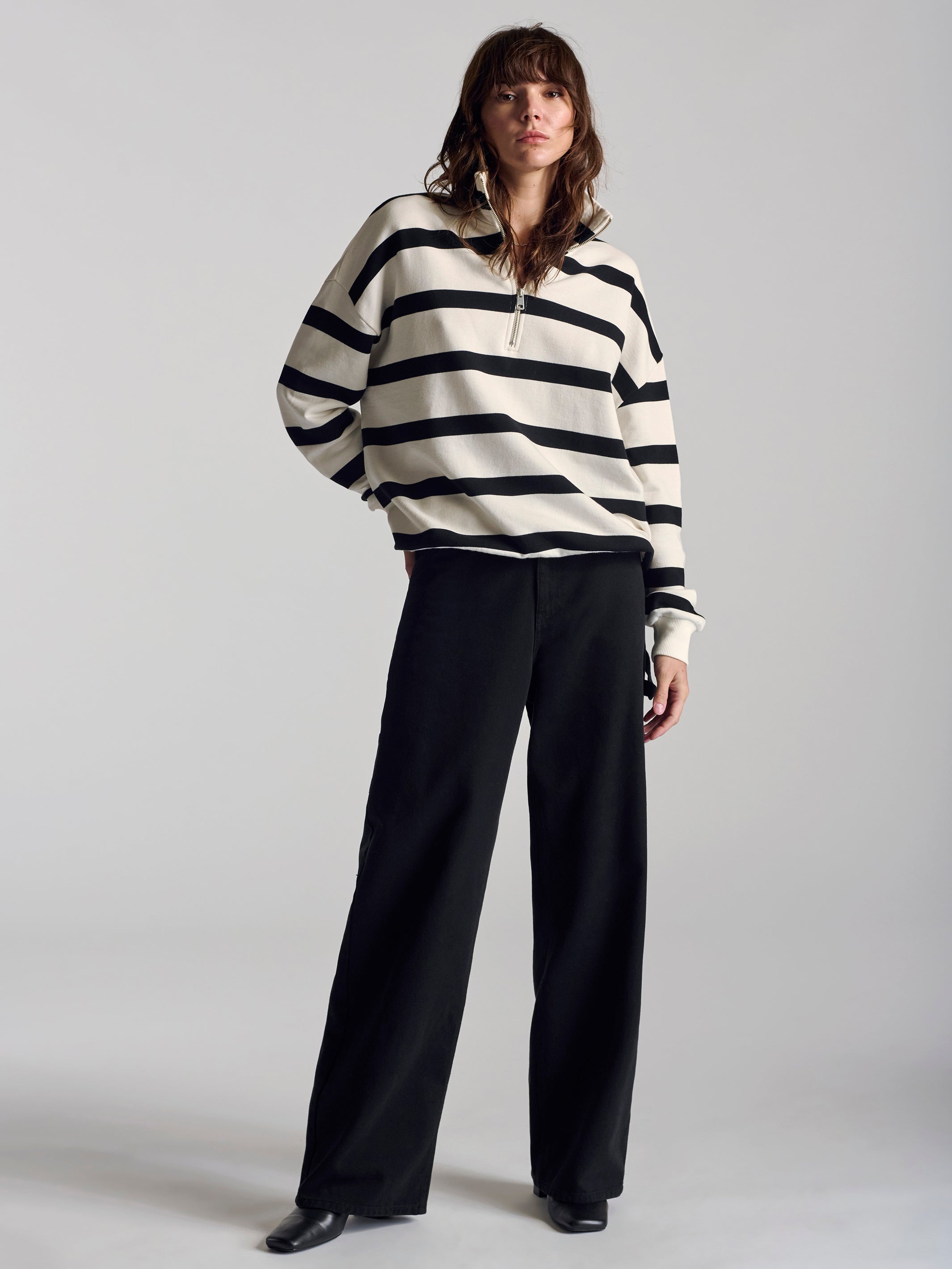 Women's Half Zip Stripe Sweatshirt In Black Stripe - BROOKLYN INDUSTRIES