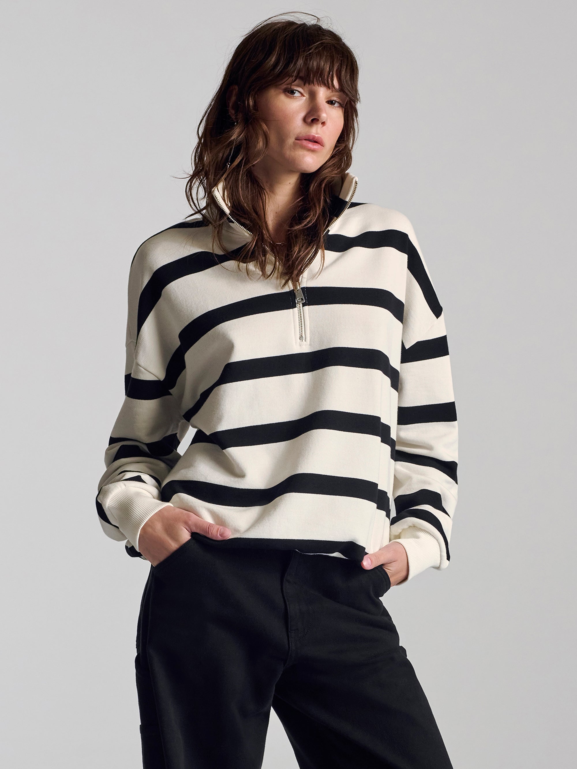 Women's Half Zip Stripe Sweatshirt In Black Stripe - BROOKLYN INDUSTRIES