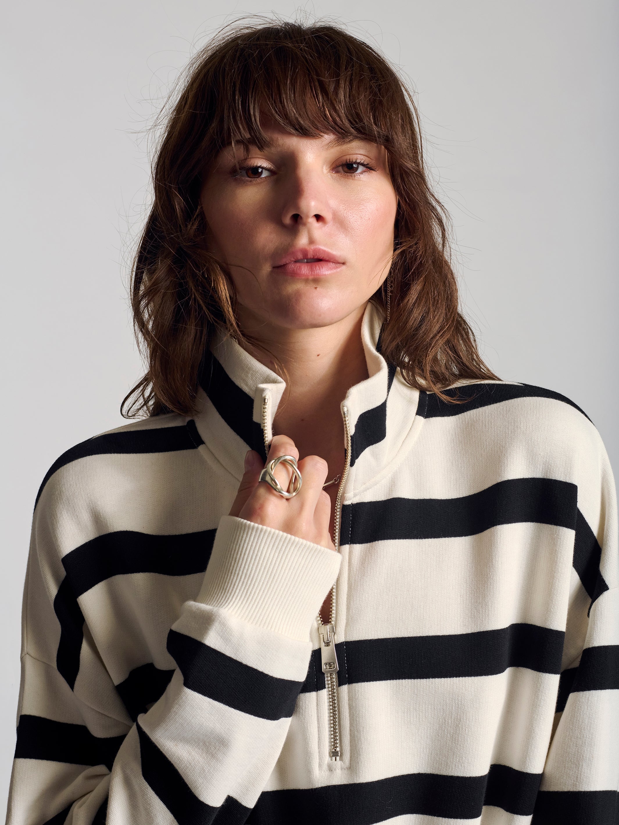 Women's Half Zip Stripe Sweatshirt In Black Stripe - BROOKLYN INDUSTRIES