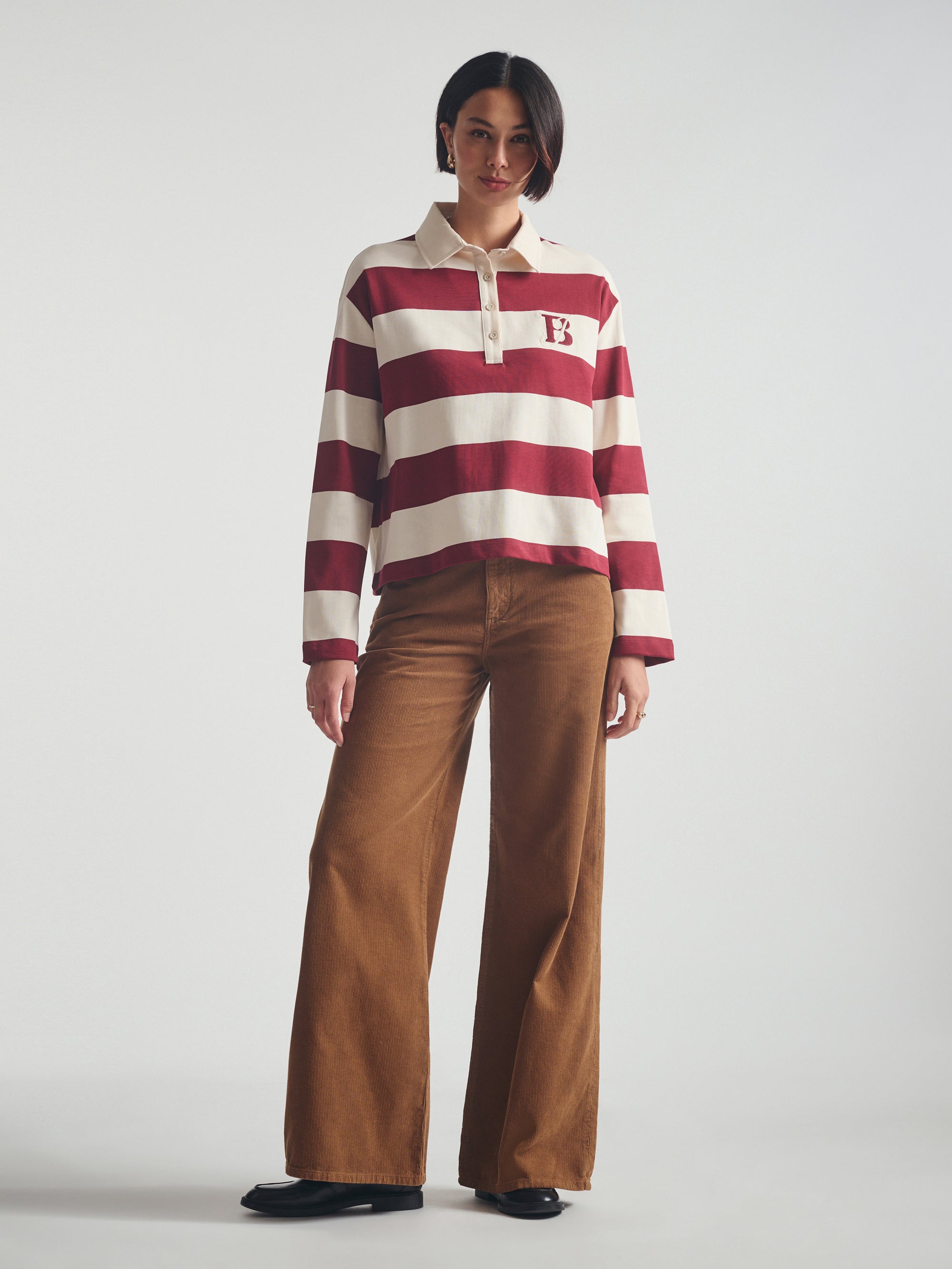 Women's Brooklyn Long Sleeve Striped Rugby T-Shirt in Biking Red Striped