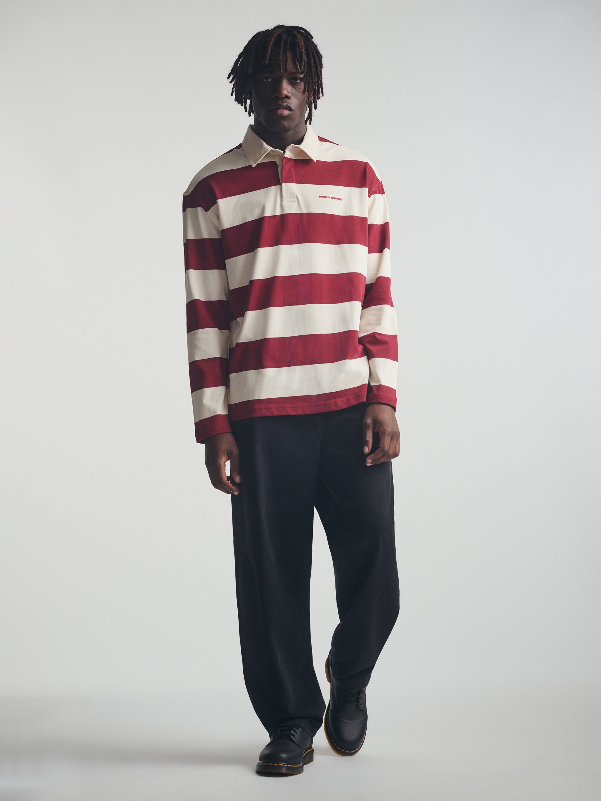 Men's Brooklyn Long Sleeve Striped Rugby T-Shirt in Biking Red Striped - BROOKLYN INDUSTRIES
